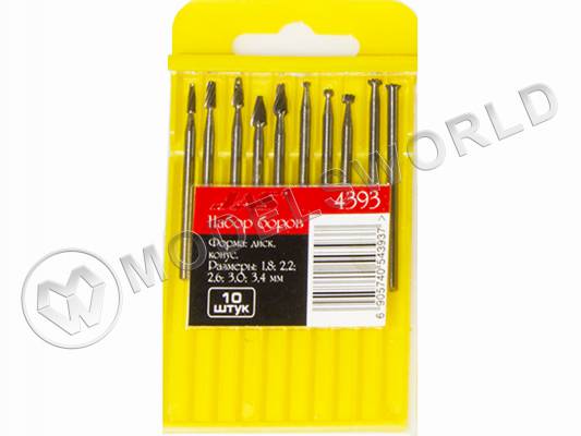 Набор боров, металл HSS, диск, конус, размер 1,8; 2,2; 2,6; 3,0; 3,4 мм, 10 шт./уп.