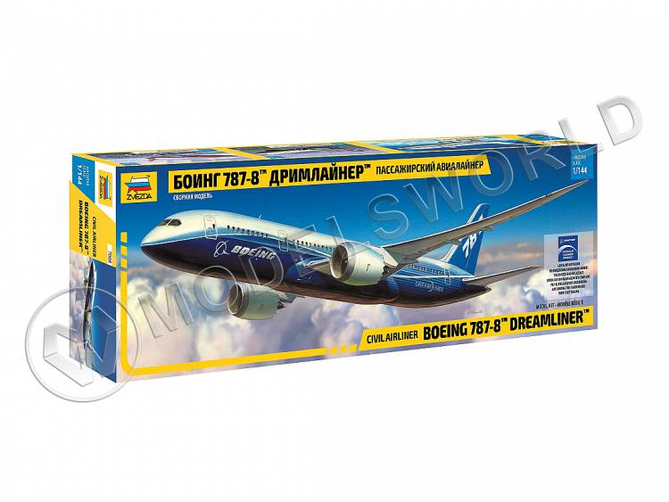 Склеиваемая пластиковая модель Пассажирский авиалайнер Боинг 787-8 Дримлайнер. Масштаб 1:144 Склеиваемая пластиковая модель Пассажирский авиалайнер Боинг 787-8 Дримлайнер. Масштаб 1:144 - фото 1