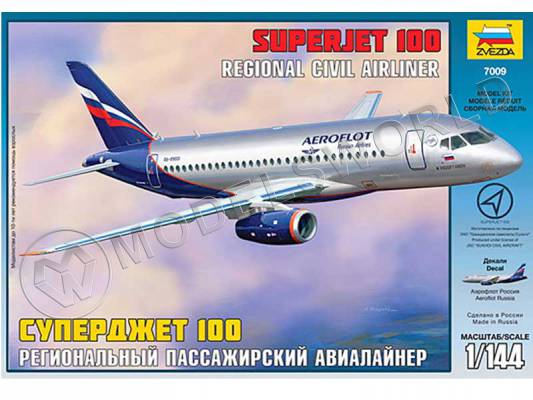 Склеиваемая пластиковая модель Региональный пассажирский авиалайнер Superjet 100. Масштаб 1:144
